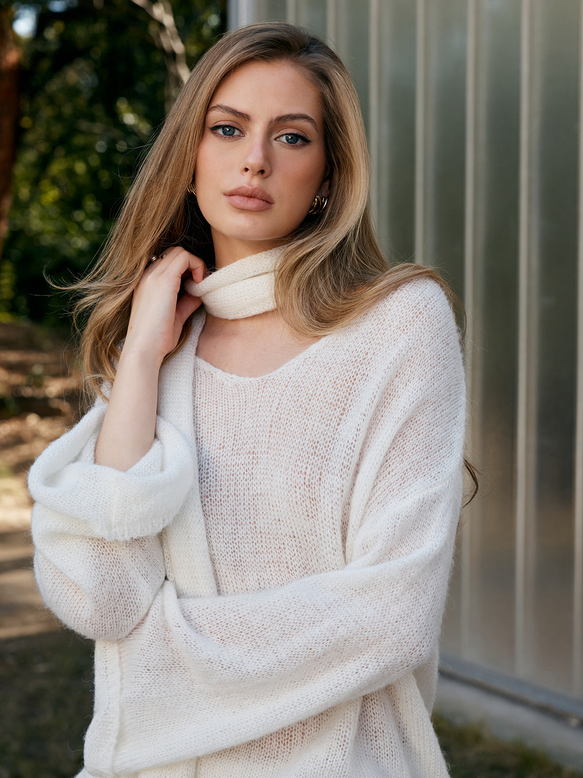 Wool-Blend Semi-Sheer Sweater With Scarf