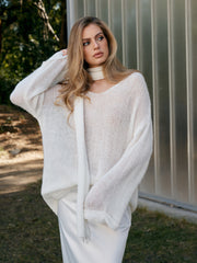 Wool-Blend Semi-Sheer Sweater With Scarf