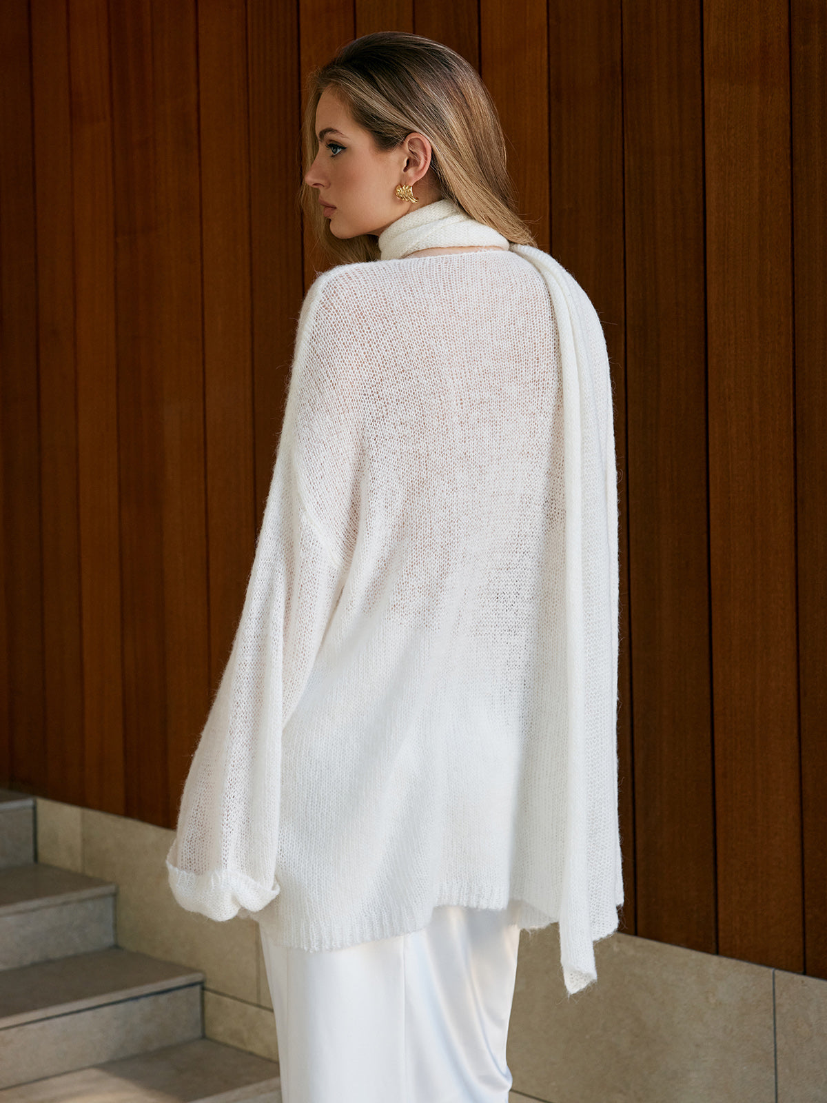 Wool-Blend Semi-Sheer Sweater With Scarf
