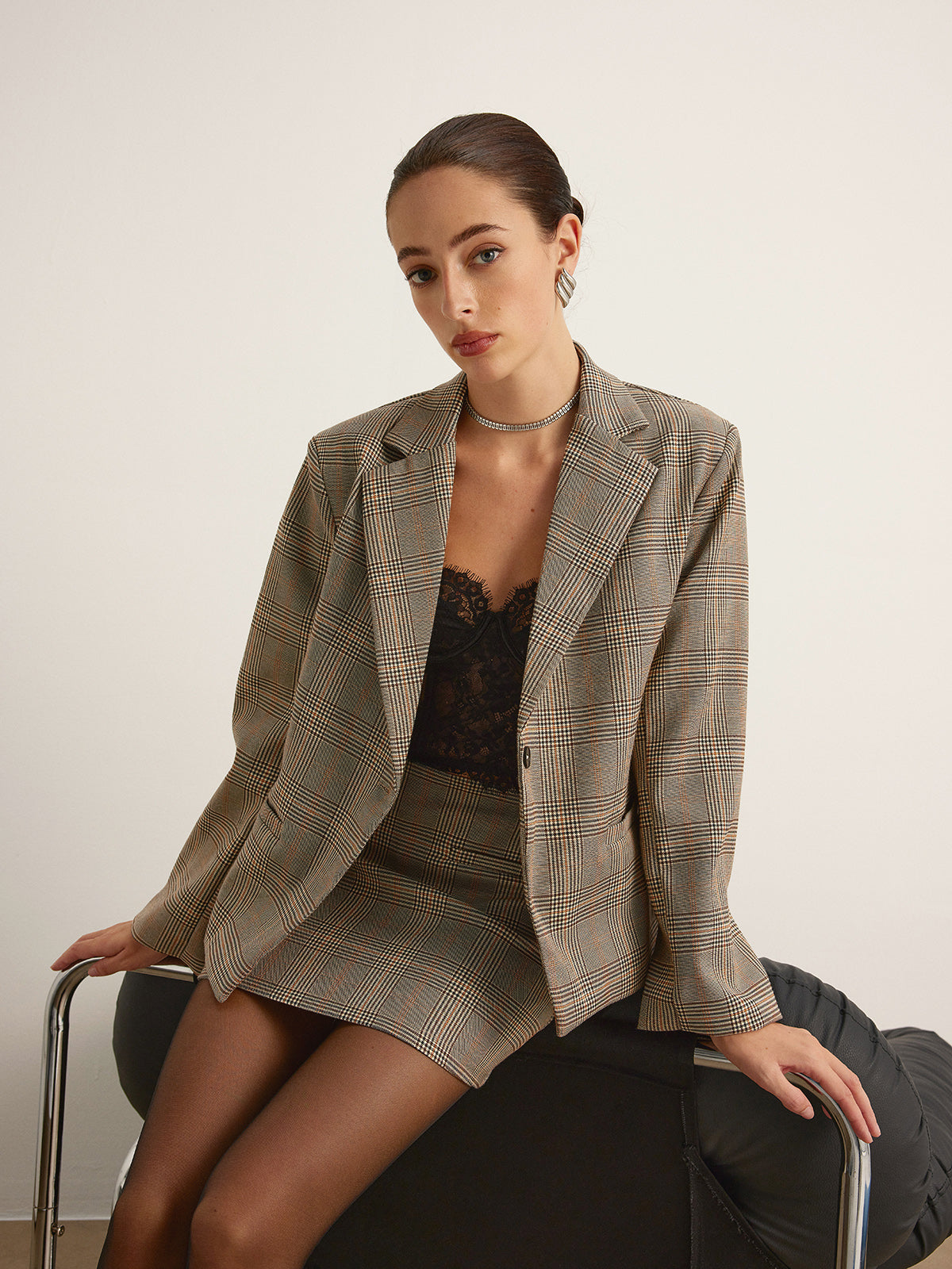 Checked Button Slit Blazer