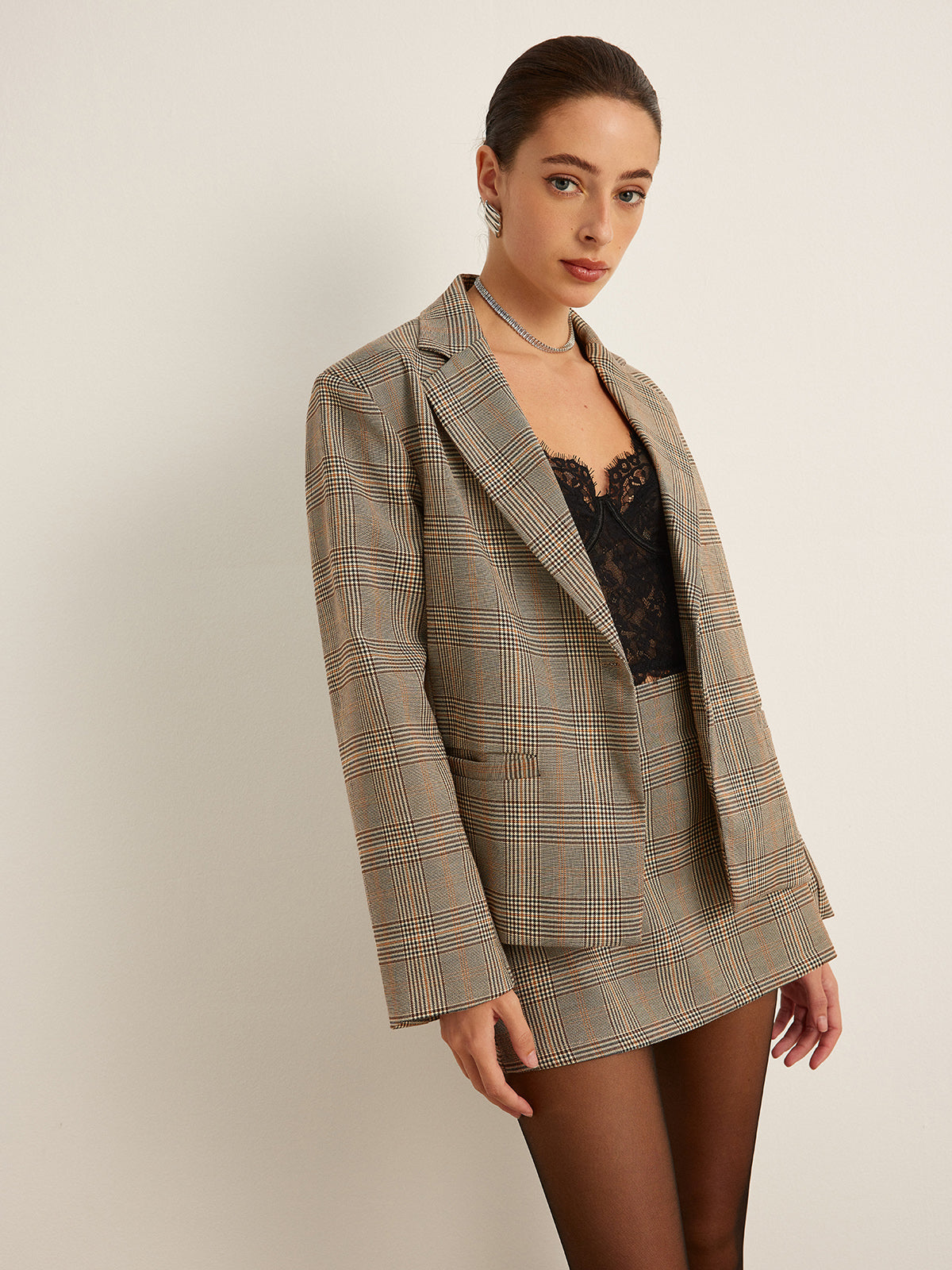 Checked Button Slit Blazer