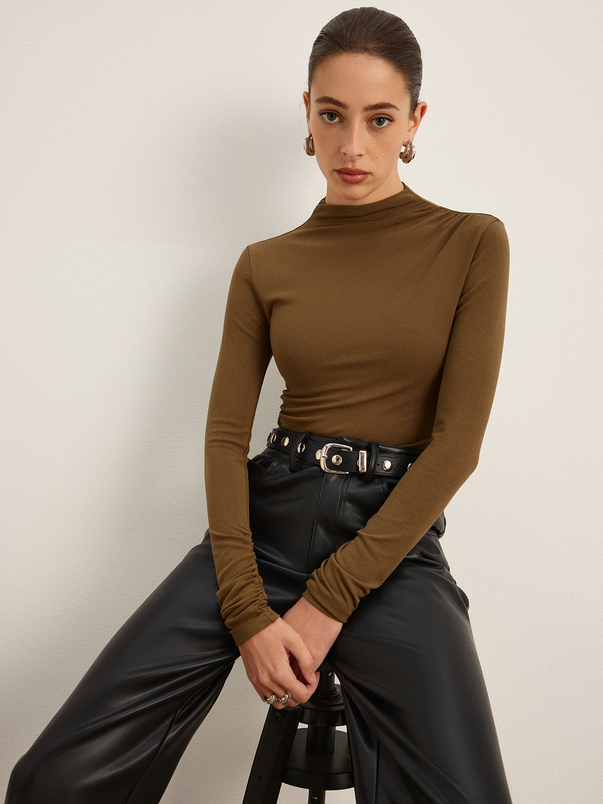 Mock Neck Asymmetical Pleated Top