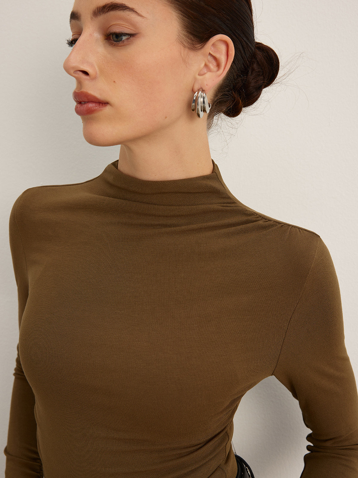 Mock Neck Asymmetical Pleated Top