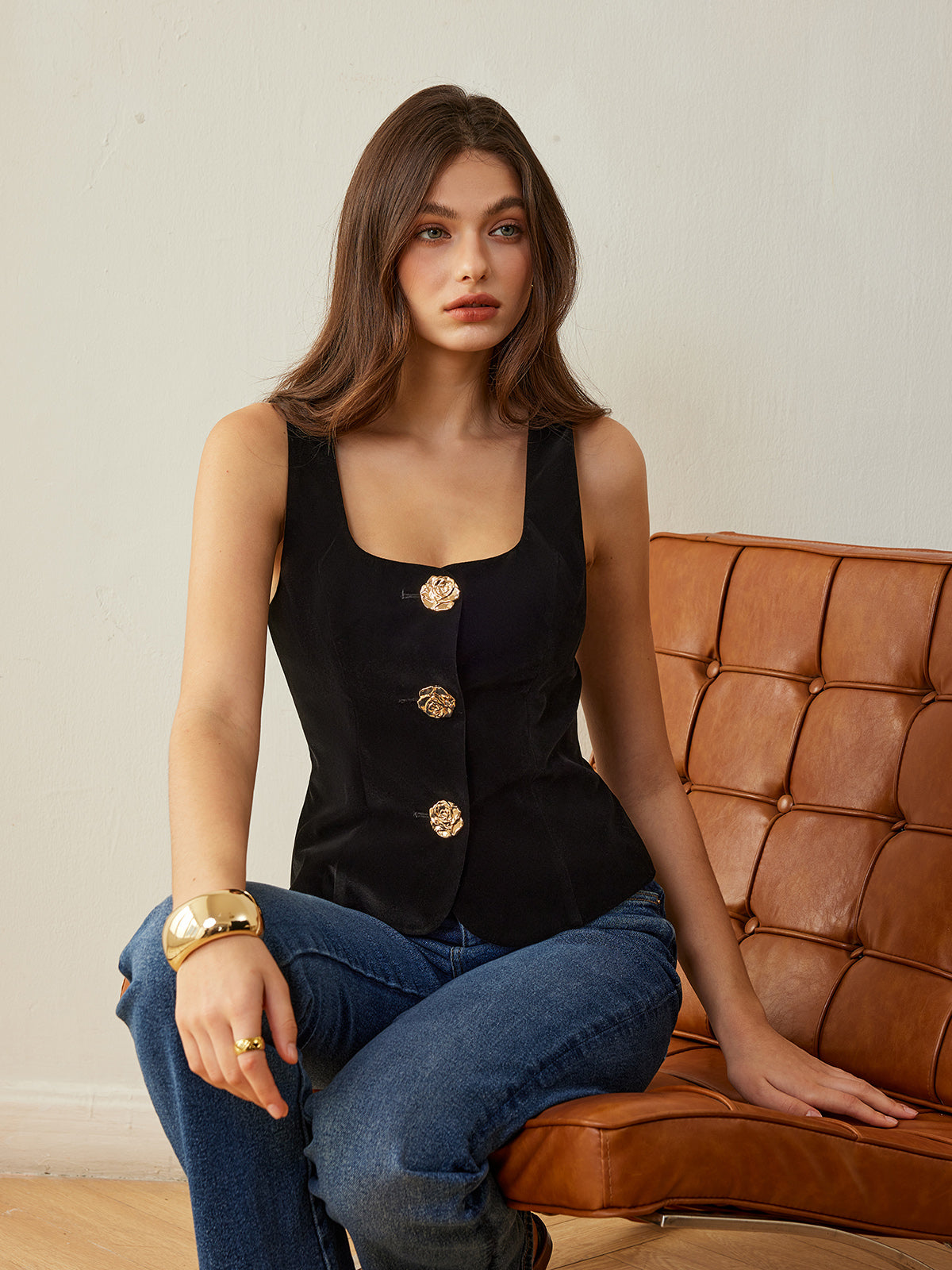 Velvet Metal-Button Vest