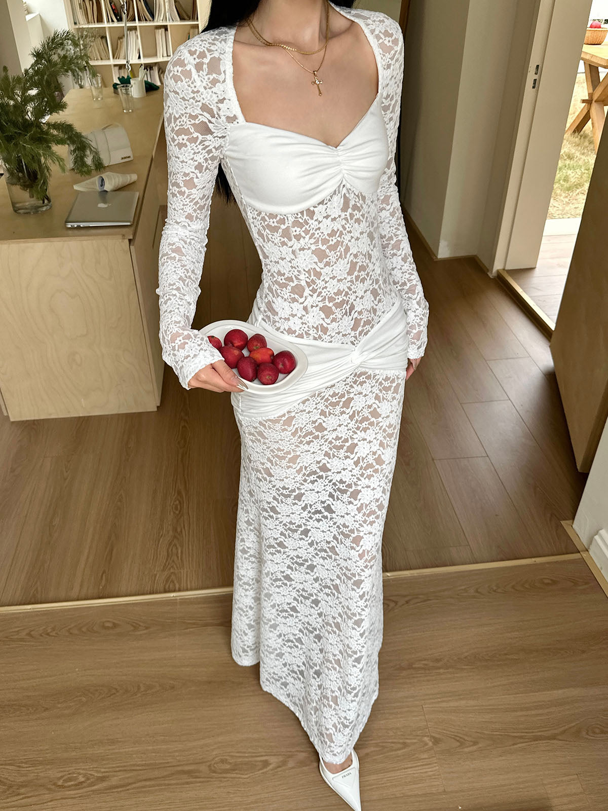 Ruched Lace Panel Long Dress