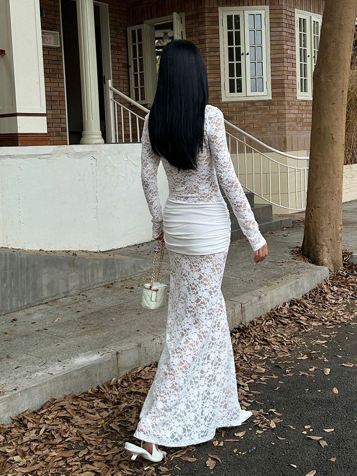 Ruched Lace Panel Long Dress