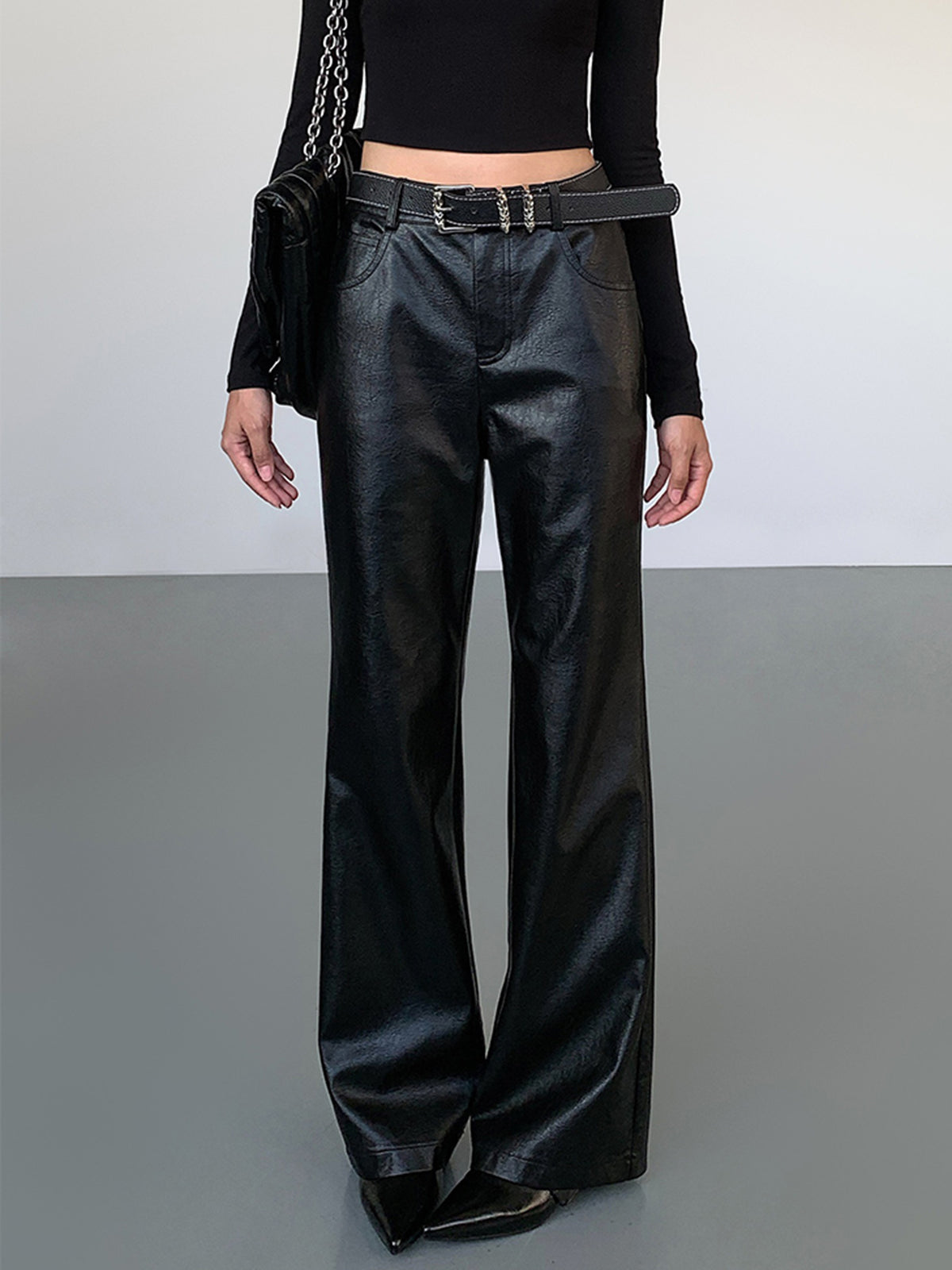 High-Waist PU Leather Pants Without Belt