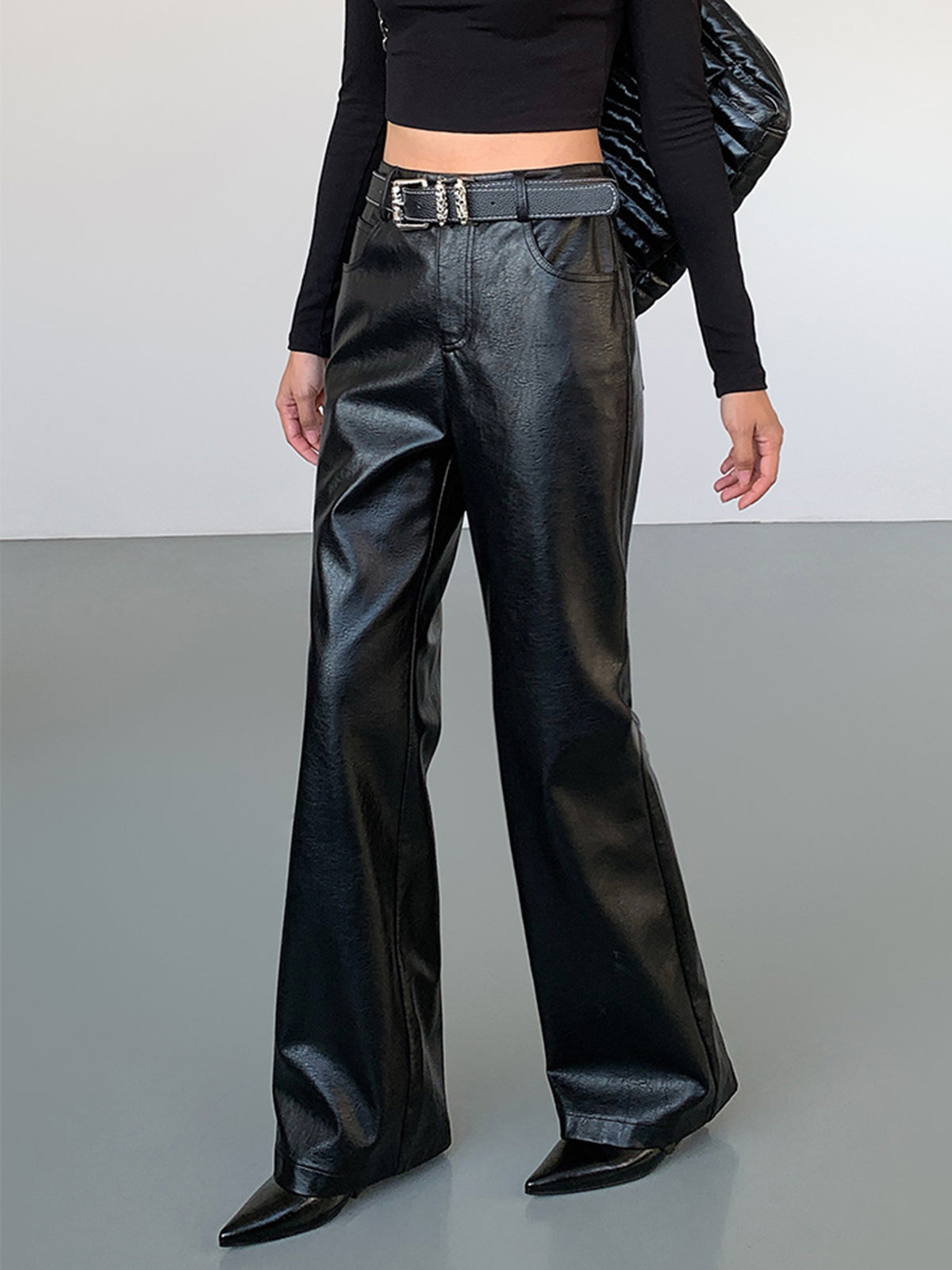 High-Waist PU Leather Pants Without Belt