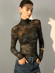 Mock Neck Printed Semi-Sheer Blouse