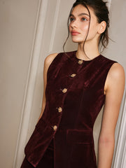 Metal-Button Velvet Cinched Vest