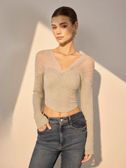 V-Neck Mesh-Shoulder Crop T-Shirt