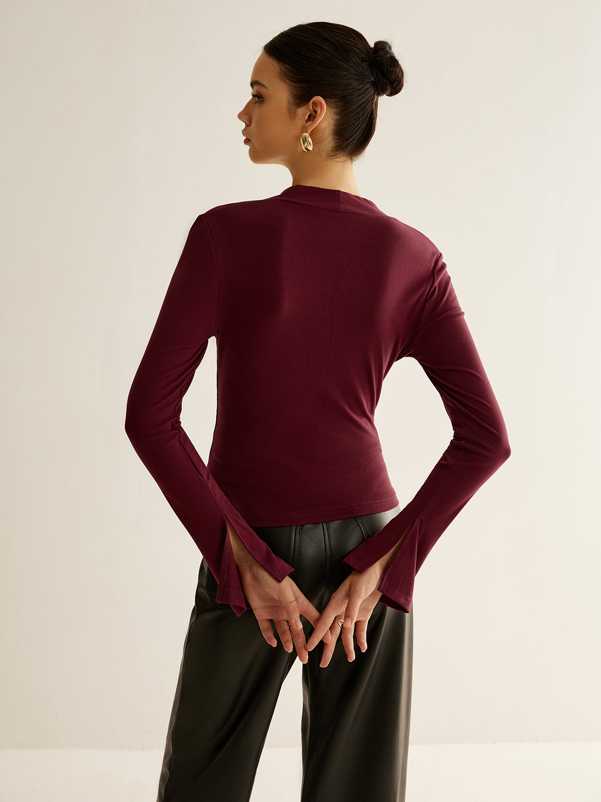 V-Neck Slit-Cuff Jersey Blouse