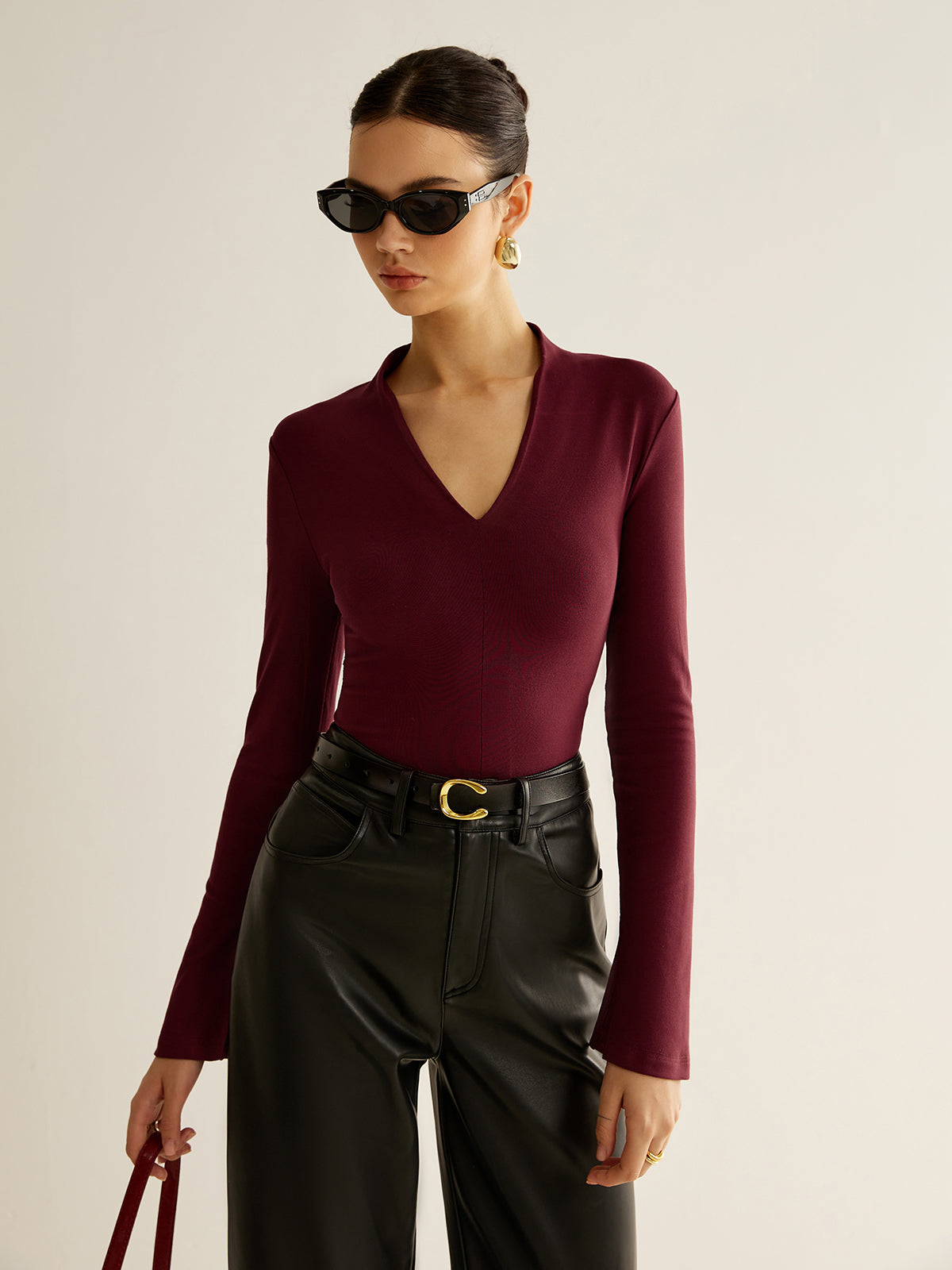 V-Neck Slit-Cuff Jersey Blouse