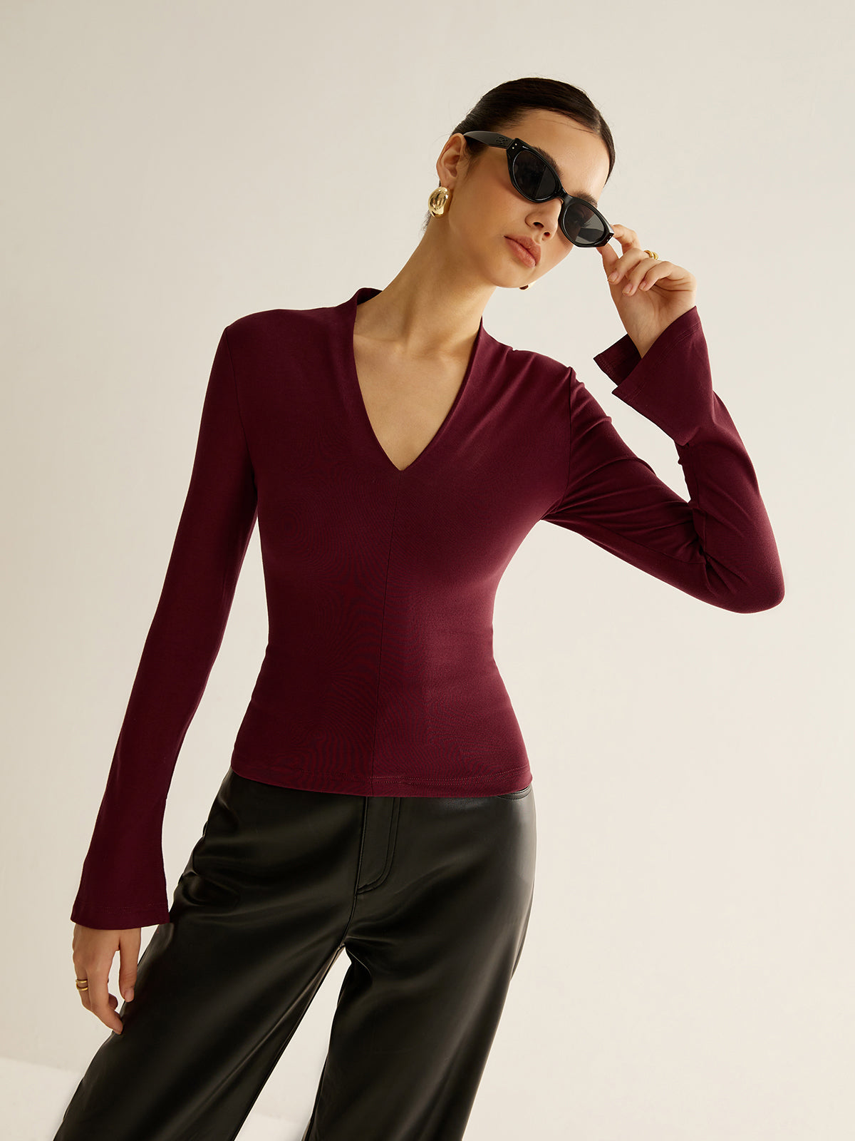 V-Neck Slit-Cuff Jersey Blouse