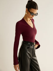 V-Neck Slit-Cuff Jersey Blouse