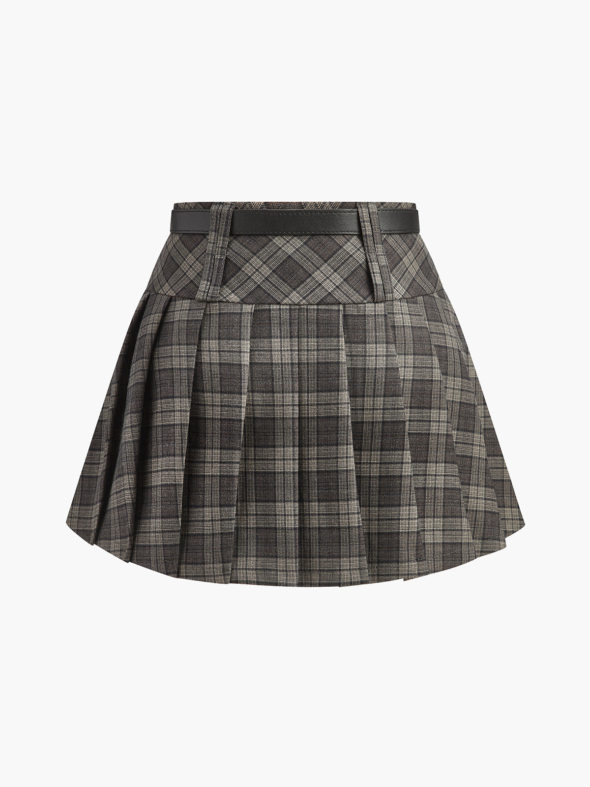 Mid-Waist Checked Pleated Skirt With Belt