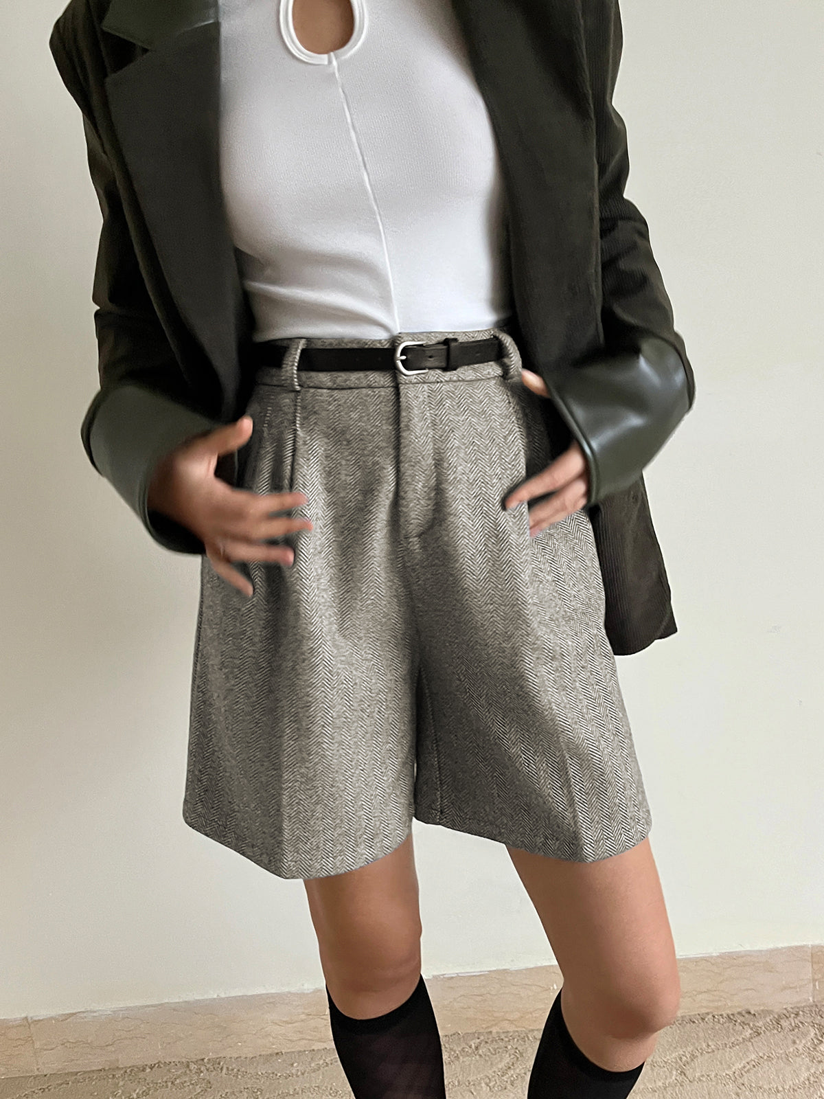 Chevron Tweed Belted Knee Shorts