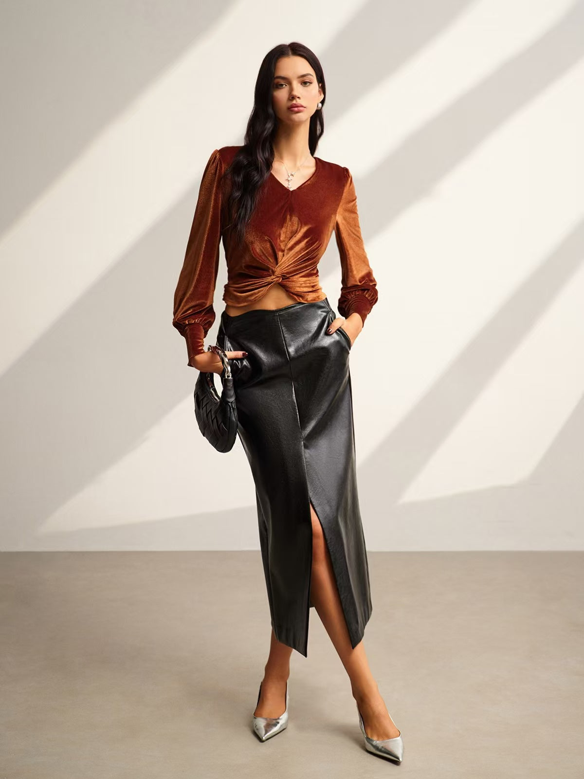 Velvet Pleated Slim Blouse