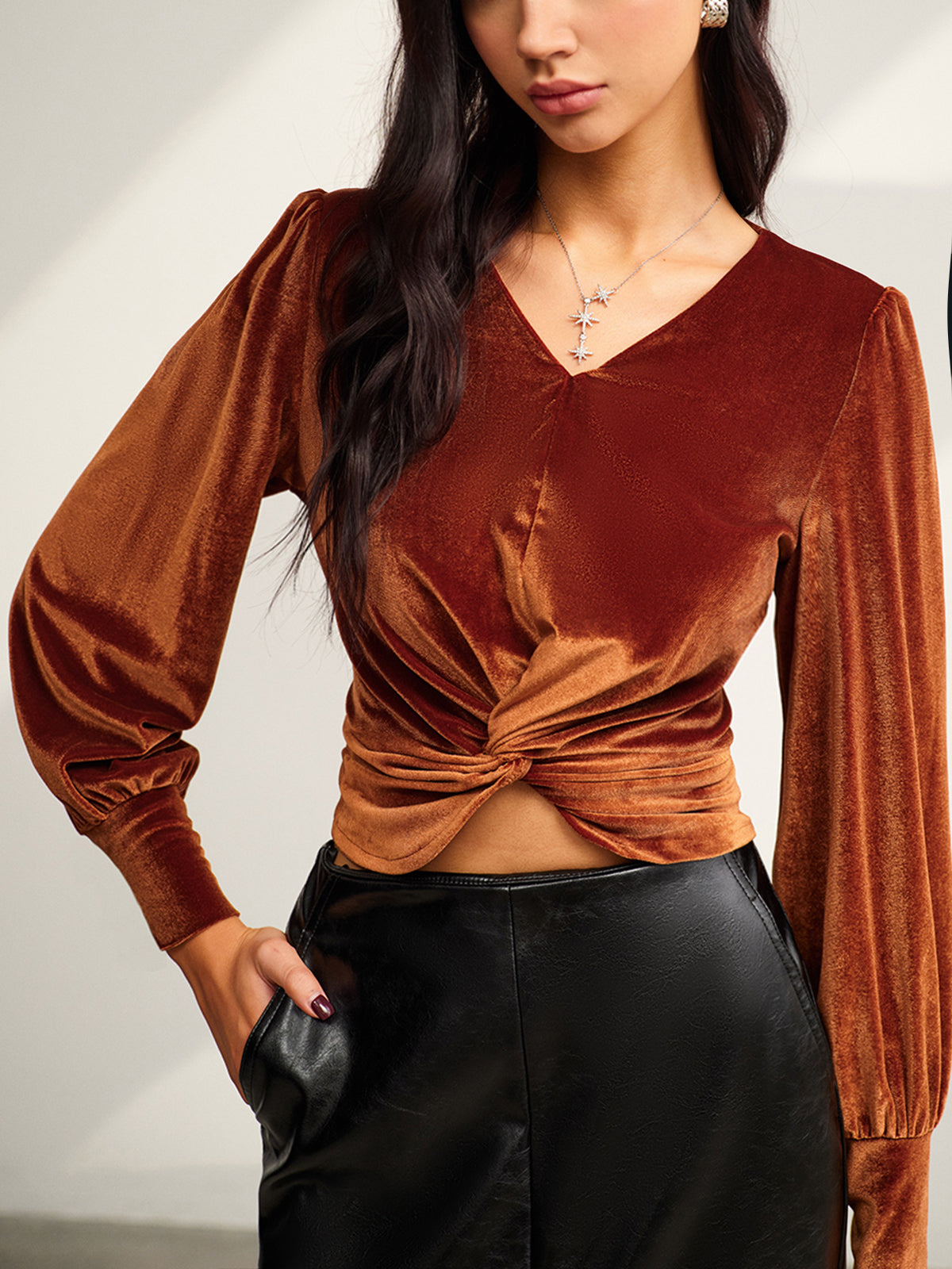 Velvet Pleated Slim Blouse