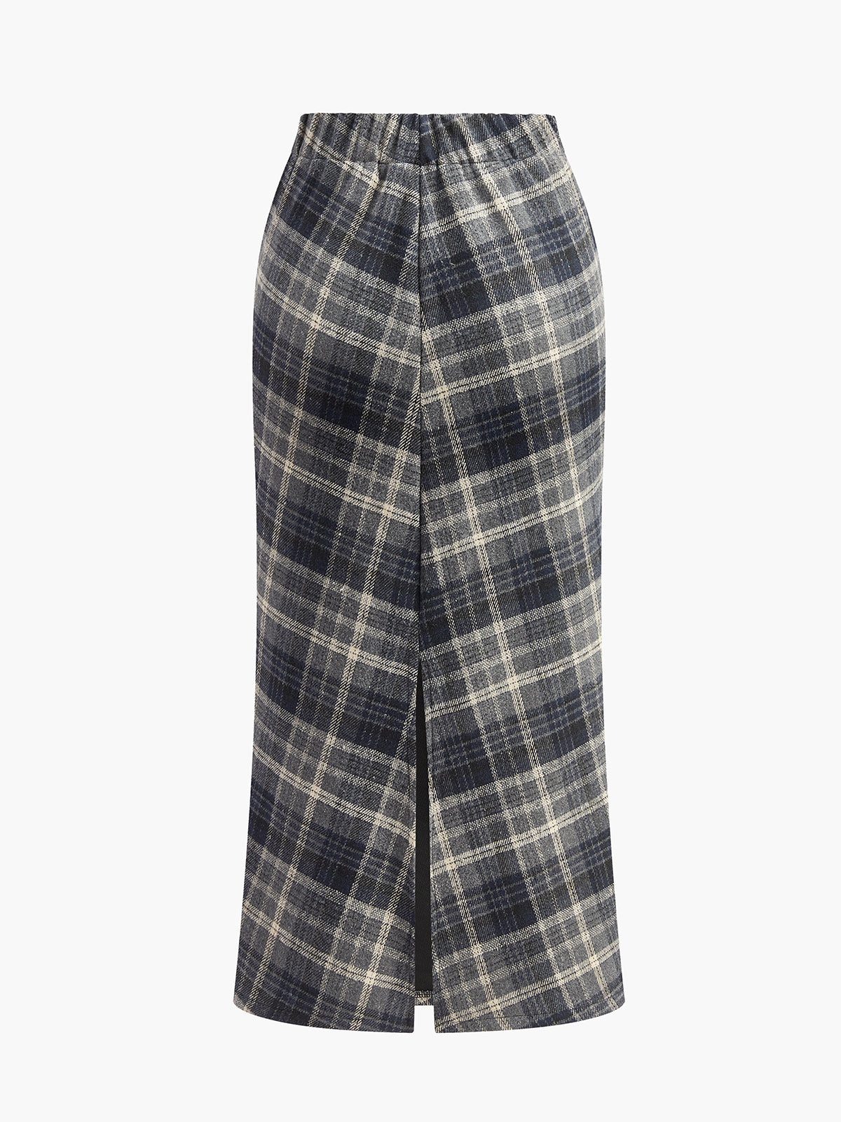 Elastic Waist Checked Slit Skirt