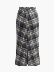 Elastic Waist Checked Slit Skirt