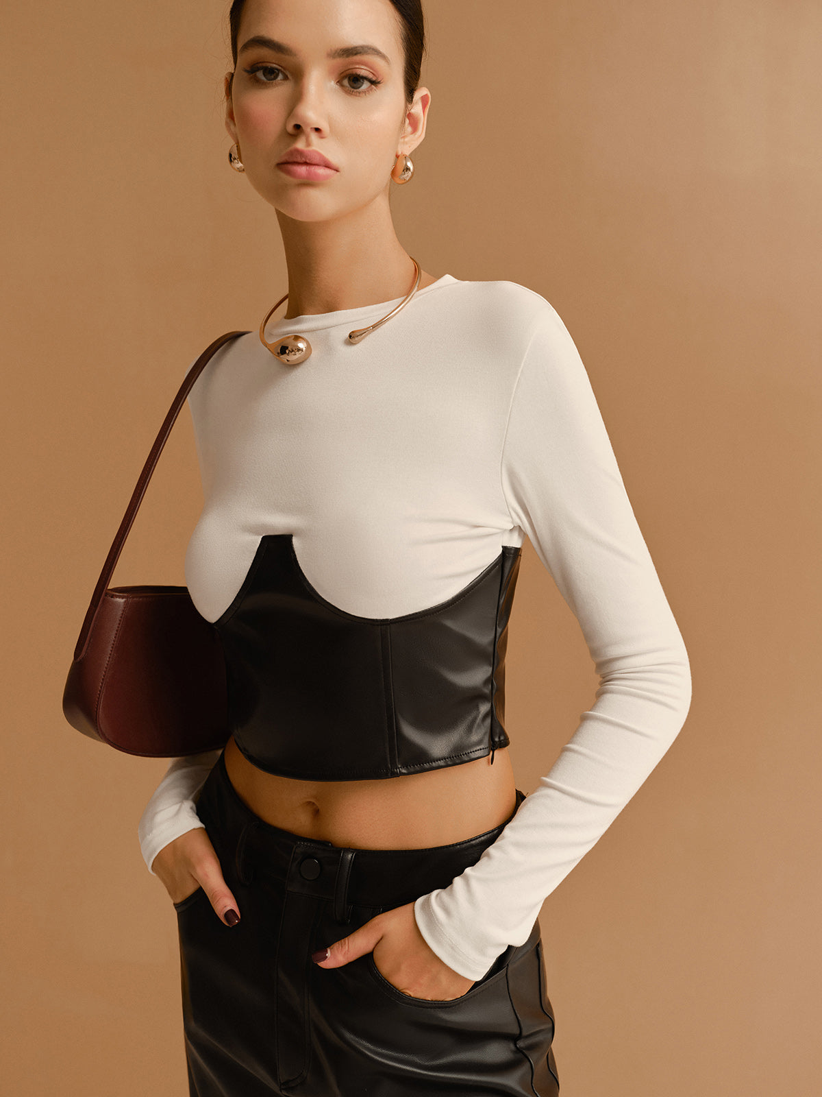 Color Block Faux Leather Crop Blouse