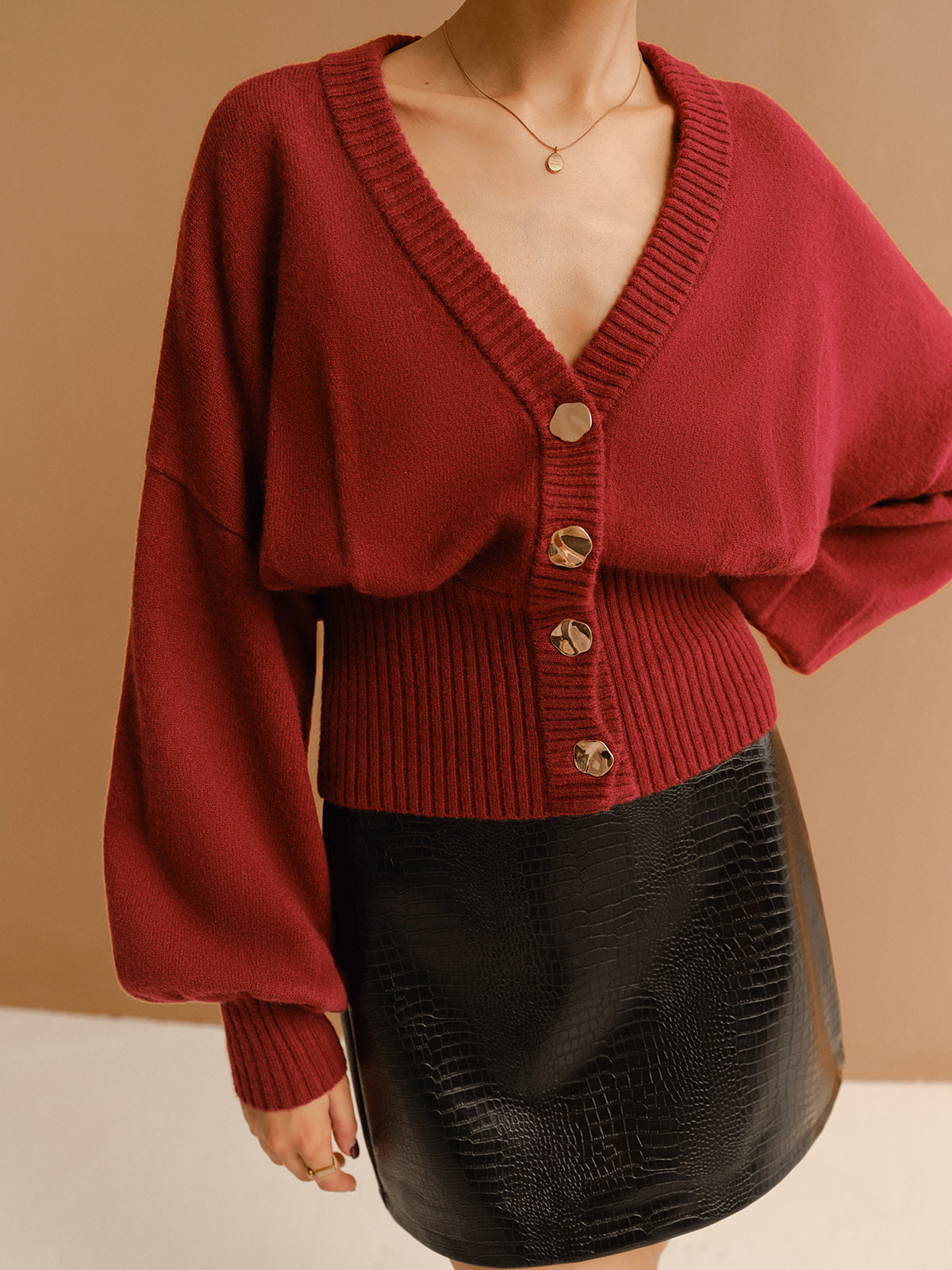 V-Neck Cinched Waist Button Cardigan
