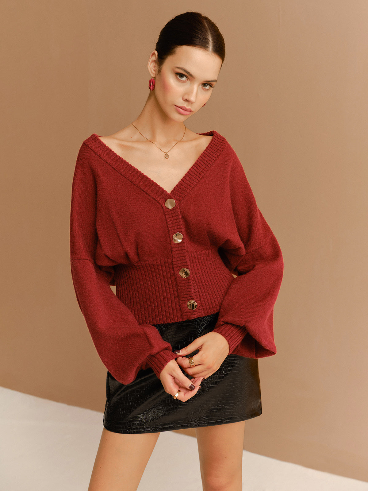 V-Neck Cinched Waist Button Cardigan