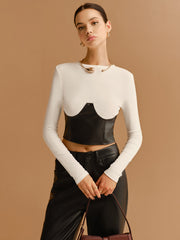 Color Block Faux Leather Crop Blouse