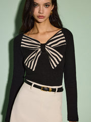 V-Neck Bow Front Slim Sweater