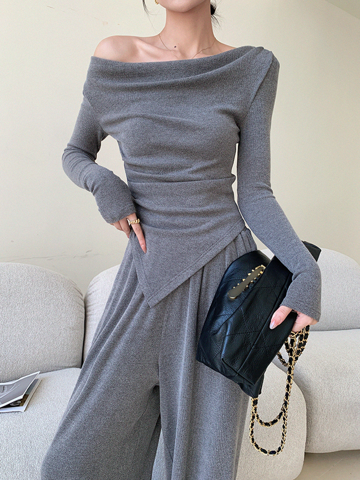 Plain Asymmetrical Draped Pants Set