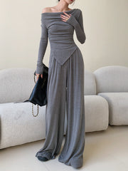 Plain Asymmetrical Draped Pants Set