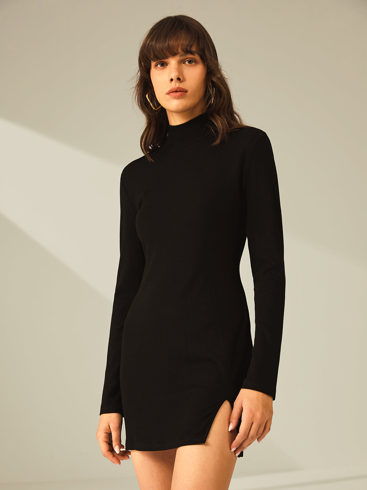 Turtleneck Long Sleeve Mini Dress with Slit and Ribbed Paneling