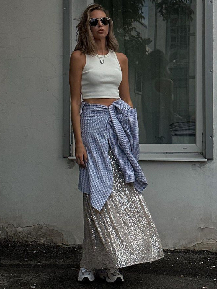 Casual Top And Sequined Skirt Set