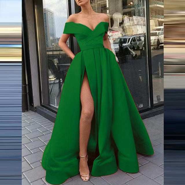 One shoulder strapless waist solid color dress