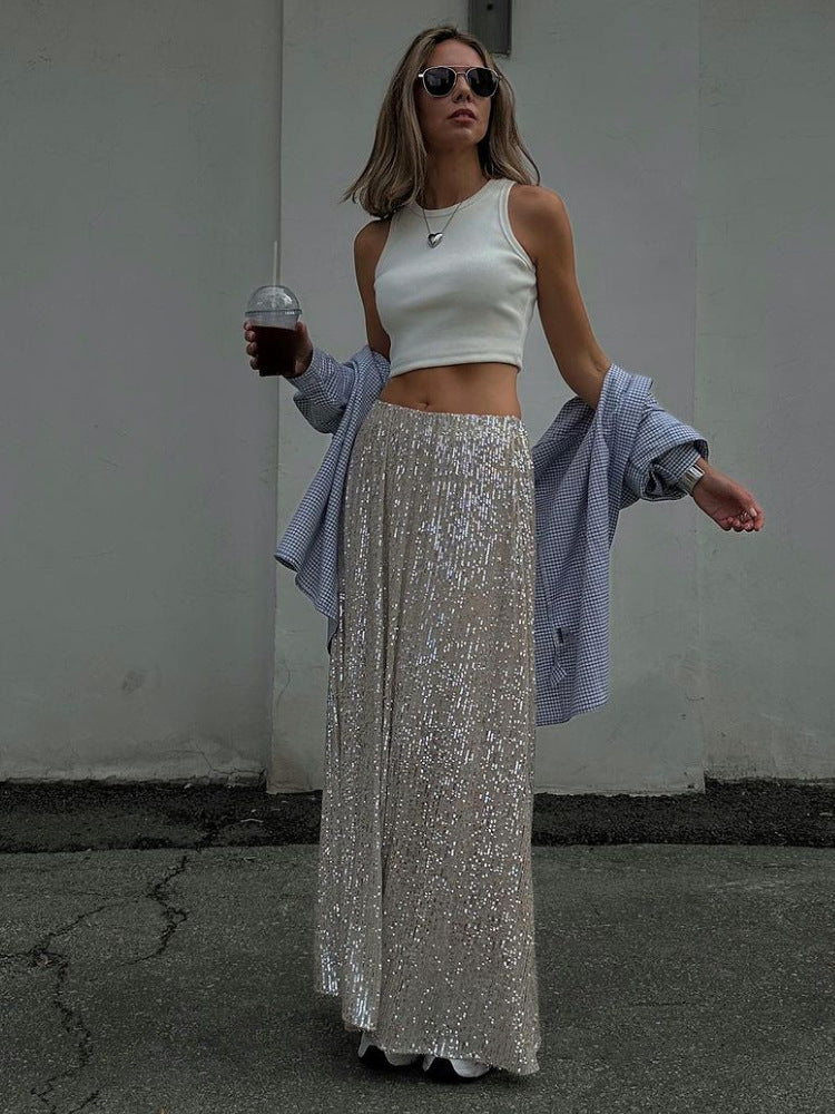 Casual Top And Sequined Skirt Set