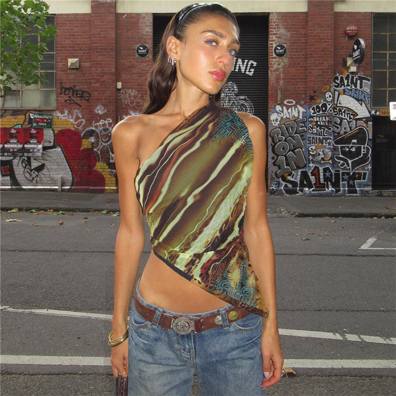 Y2K Print Sleeveless One Shoulder Slash Neck Cropped Top