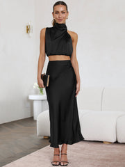 Irregular Halter Neck Cropped Top and Hip Skirt Ladies Set