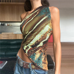 Y2K Print Sleeveless One Shoulder Slash Neck Cropped Top