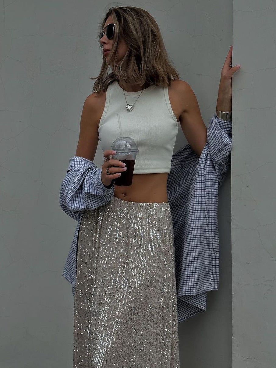 Casual Top And Sequined Skirt Set