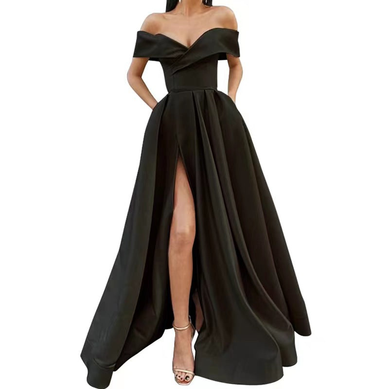 One shoulder strapless waist solid color dress