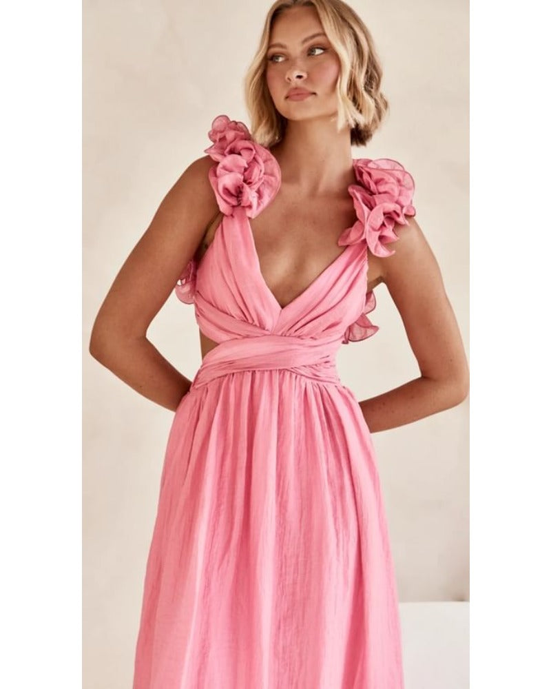 2024ss sexy deep V rose shoulder dress