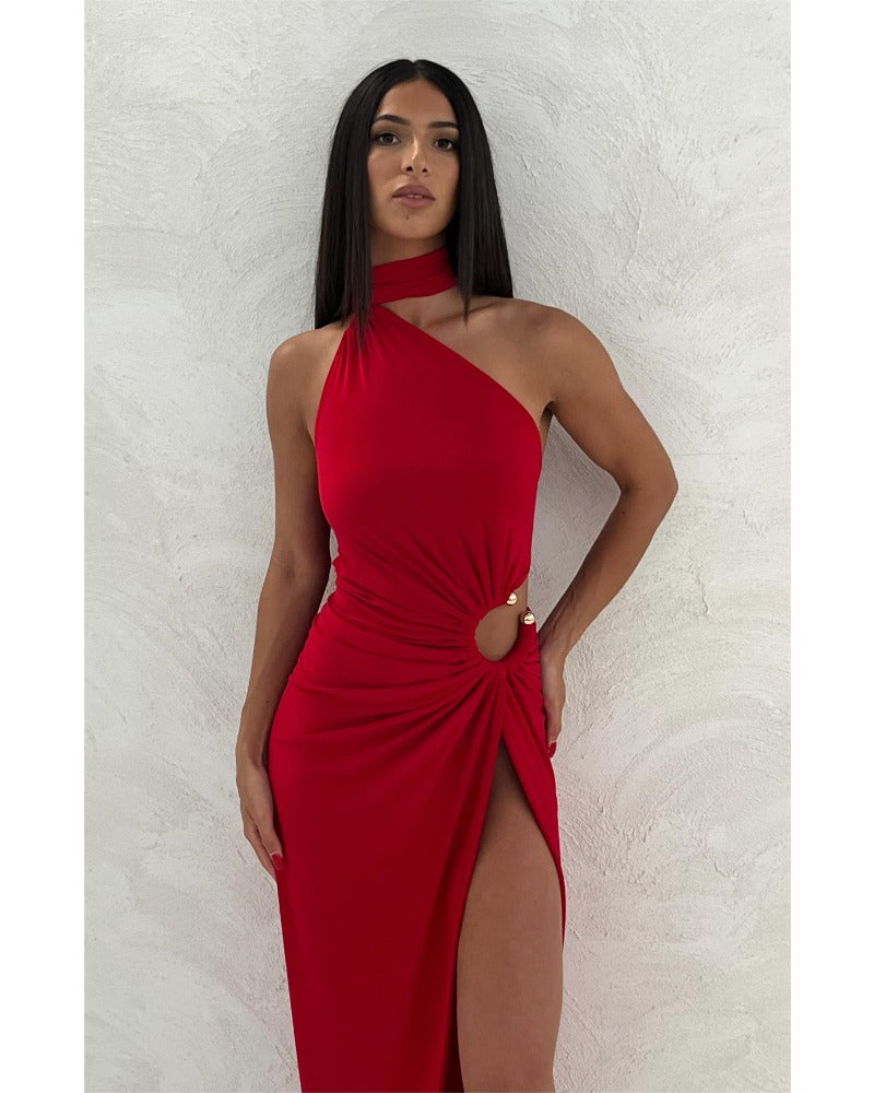 2024ss red sexy halter waist dress