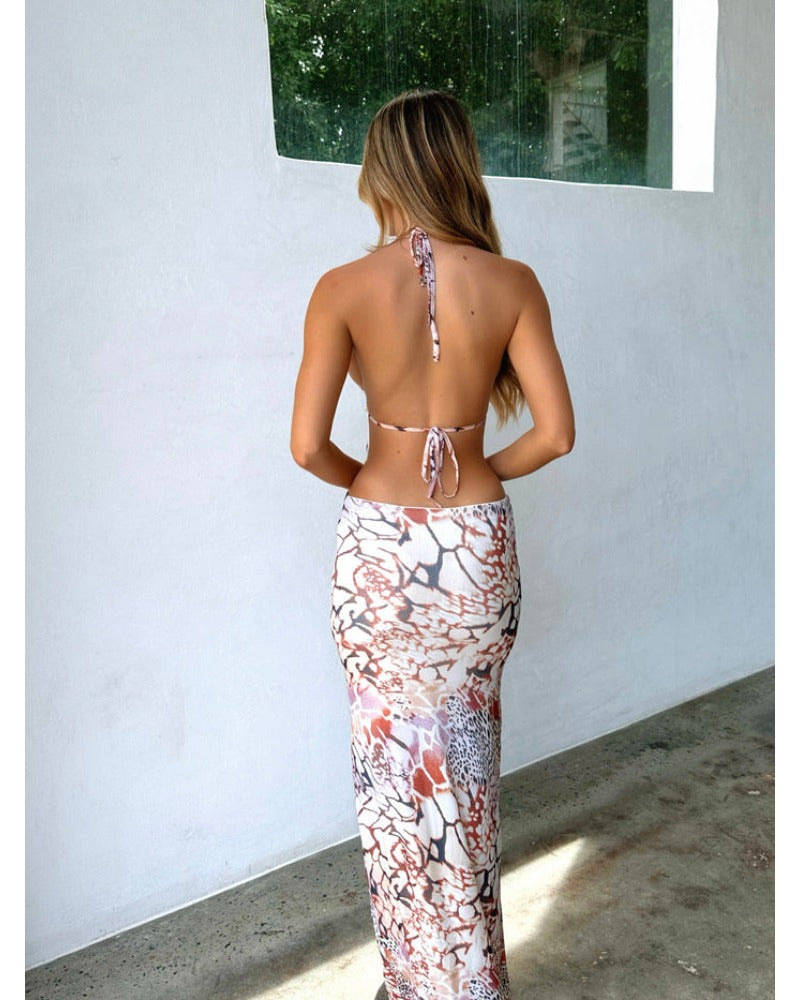 2024ss sexy halter print with bare backless dress