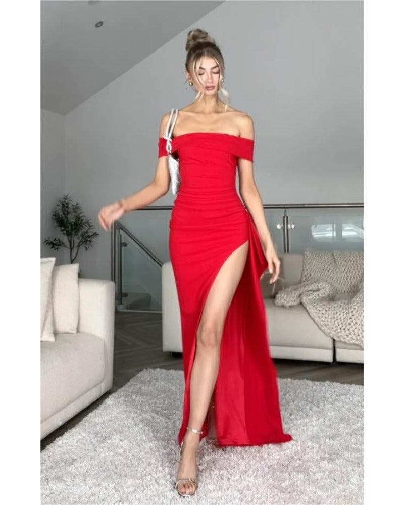 2024ss red sexy off-the-shoulder dress