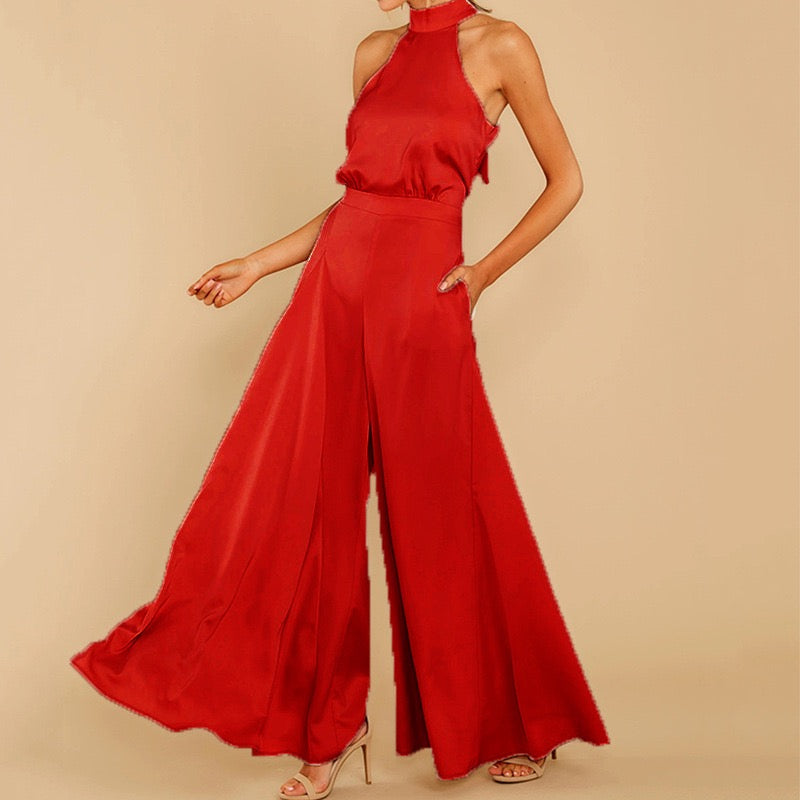 Loose Halter Neck Sleeveless Vest Wide Leg Pants Jumpsuit