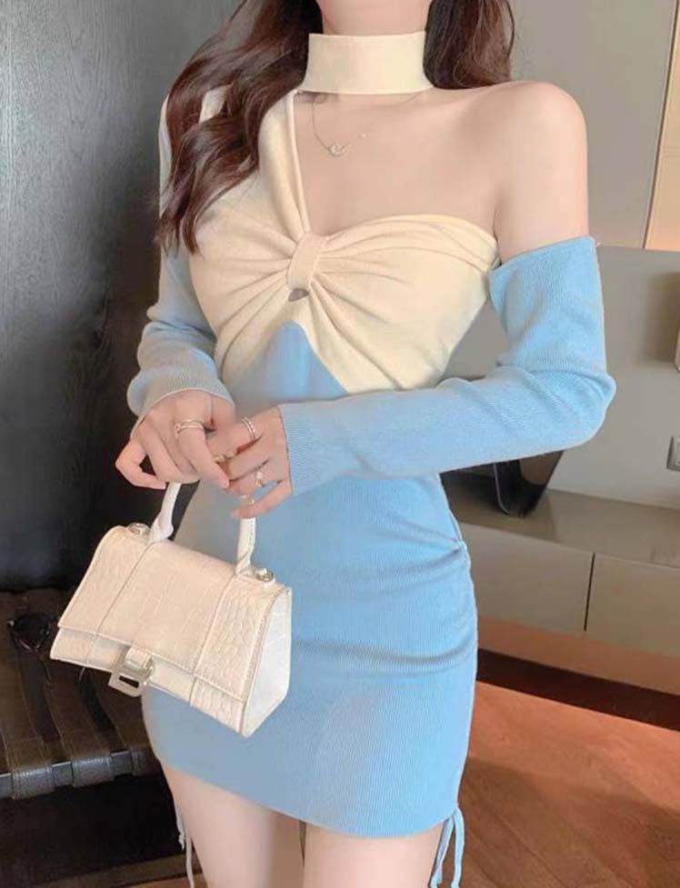 White Bow Off Shoulder Casual Blue Short Dress