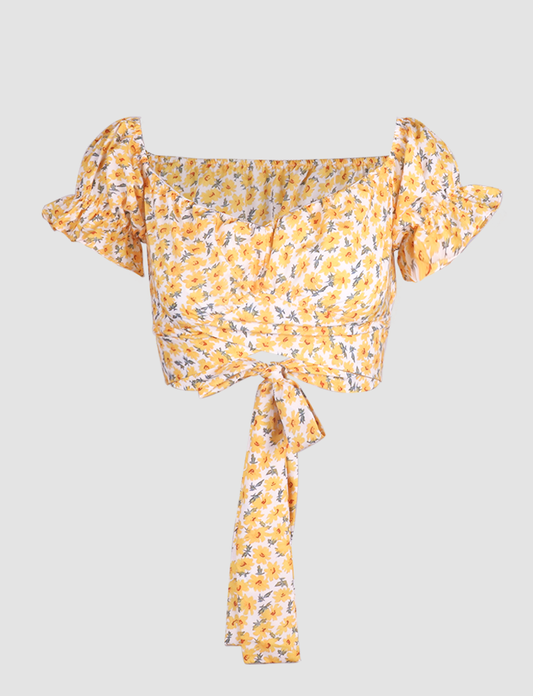 Yellow Off Shoulder Floral Strap Top