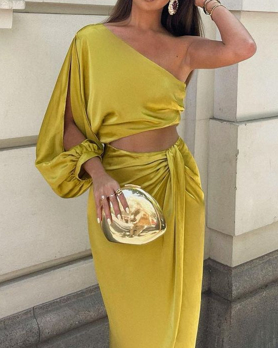 One Shoulder Solid Color Cutout Dress