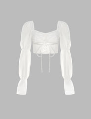 White Puff Sleeve Mesh Tie Crop Blouse